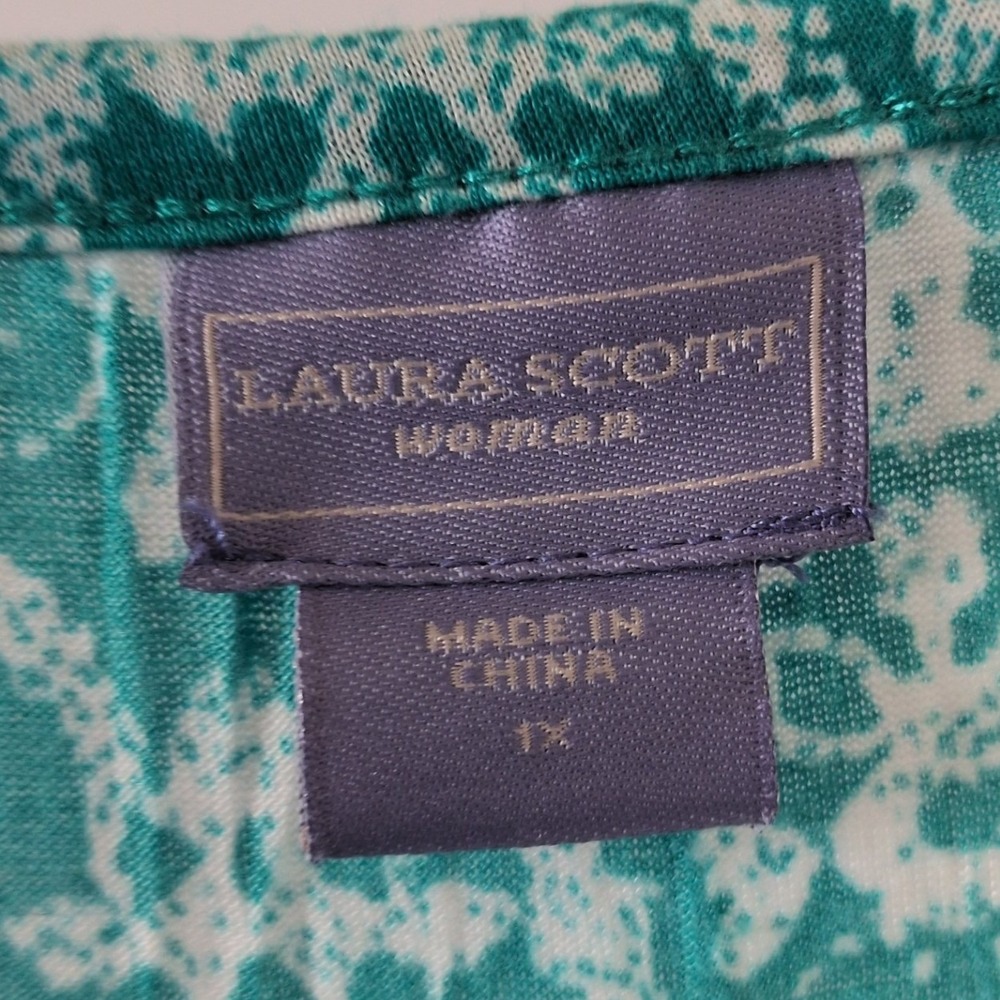 Laura Scott Sleeveless Top Women 1X Teal White Crochet Lace Trim Damask Blouse - Picture 5 of 7